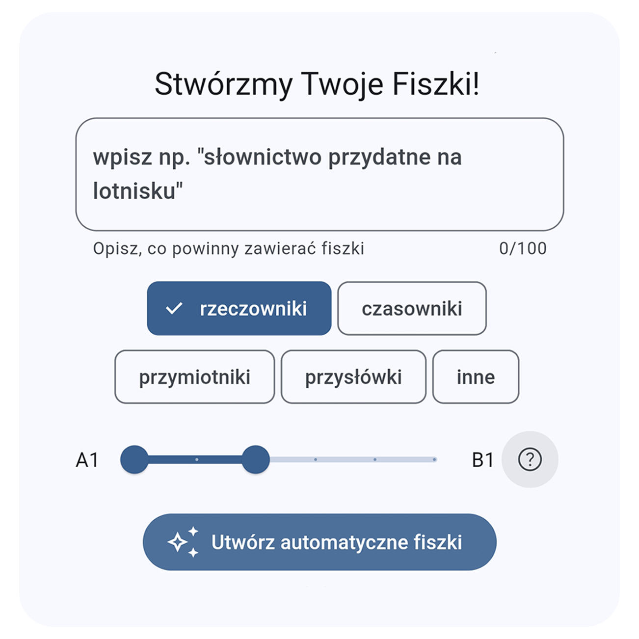 zrzut ekranu przedstawiający automatyczne generowanie fiszek przez AI